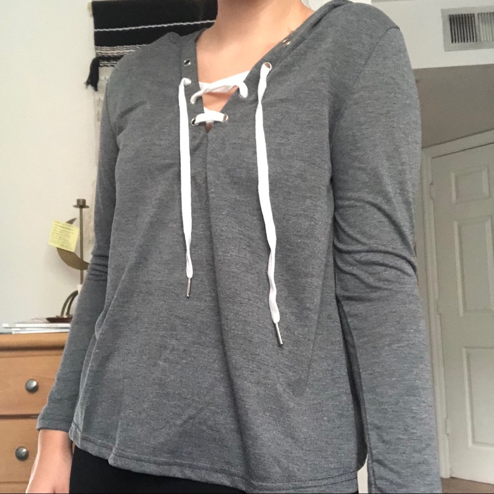Grey lace up hoodie sweatshirt
